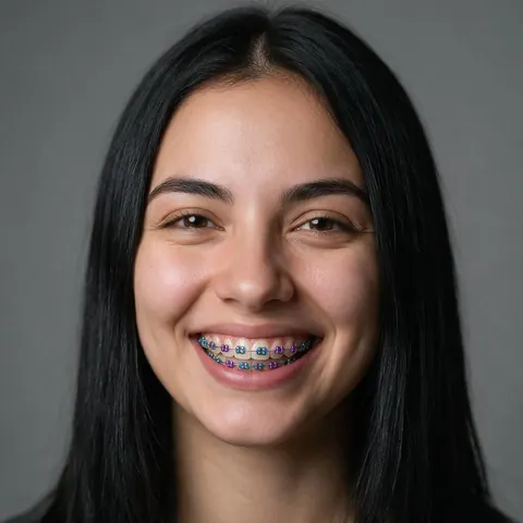 Woman in her 20s smiling with blue and purple braces bands