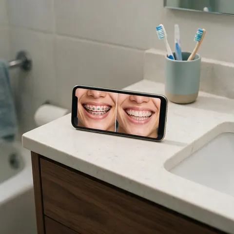 Phone comparing metal and clear braces on one smile