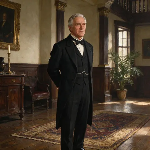 Original butler character in a tailcoat in a grand manor hall
