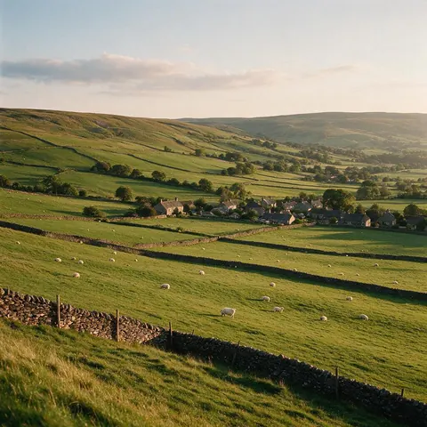 Green countryside with stone walls and sheep at golden hour