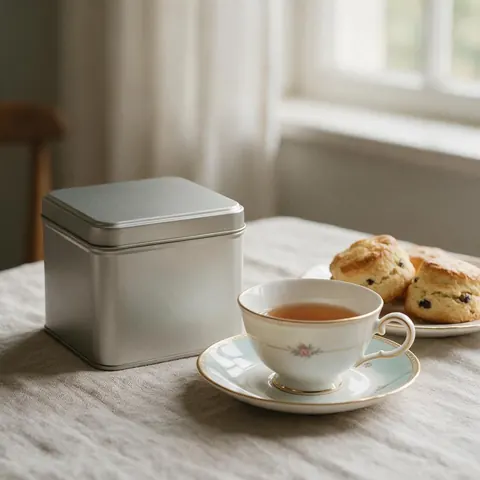 Elegant still life of a tea tin, porcelain cup and scones