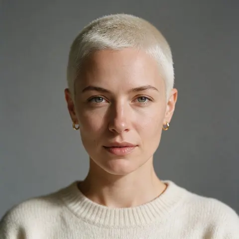 Woman in her 30s with a platinum buzz cut