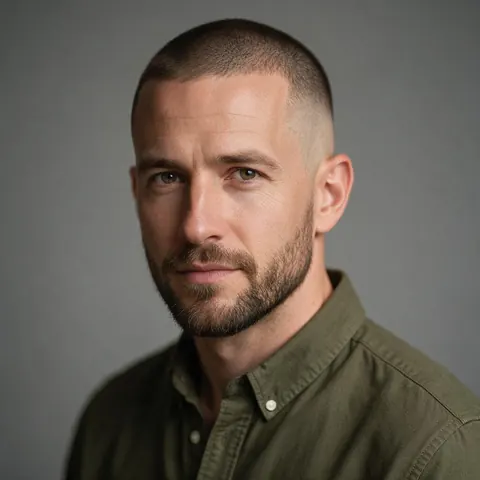 Man in his late 30s with a faded buzz cut and short beard