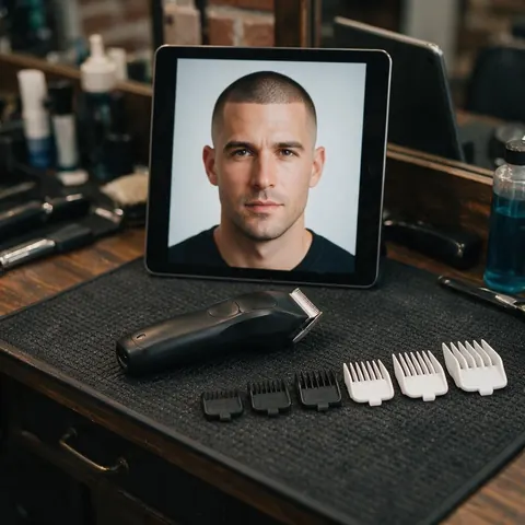 Clippers and guard combs beside a tablet with a buzz cut preview