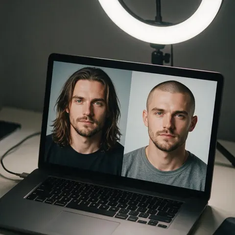 Laptop with a long-hair and buzz cut version of one portrait