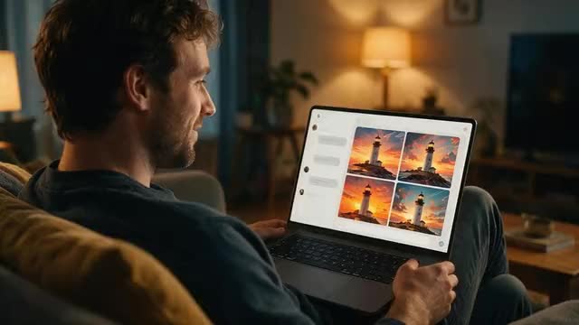 Looping clip: a man watching generated images appear in a chat on his laptop