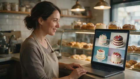 A bakery owner looking at generated cake images on a laptop