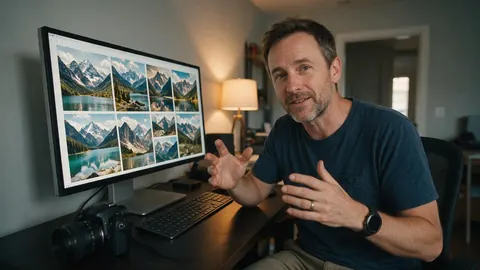 A blogger comparing generated mountain and lake images on a monitor
