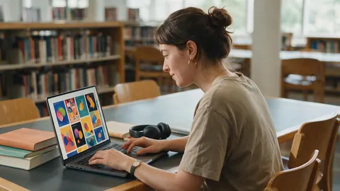 A student looking at colourful generated poster ideas on a laptop