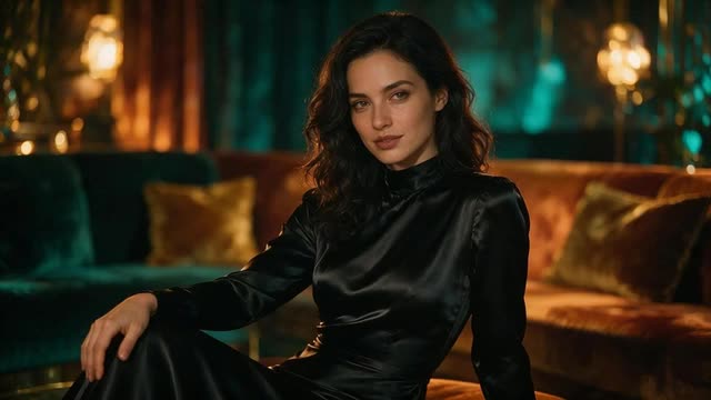 Companion character in a black satin gown turning slightly as warm lounge light shimmers