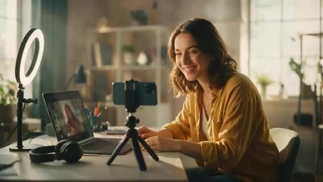 Looping clip: a video creator working at a desk in a sunlit home studio