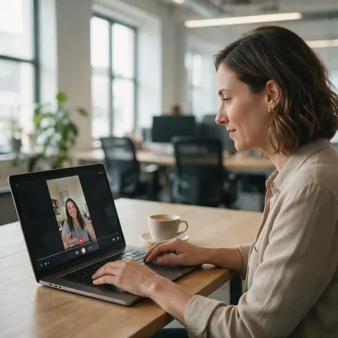 Social media manager reviewing a short video on a laptop in an office