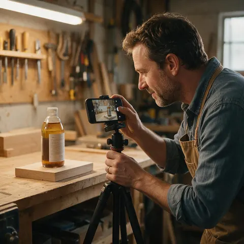 Small-business owner filming a product on a workshop bench with a phone on a tripod