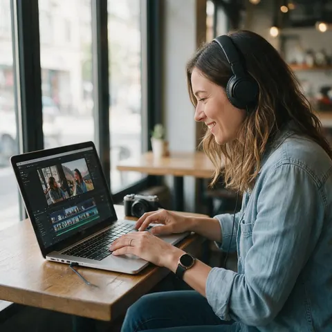 Travel vlogger editing on a laptop at a cafe window table