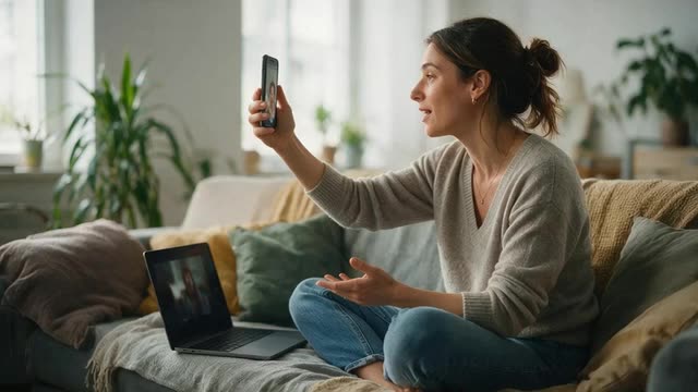 Looping clip of a woman filming herself talking on a sofa