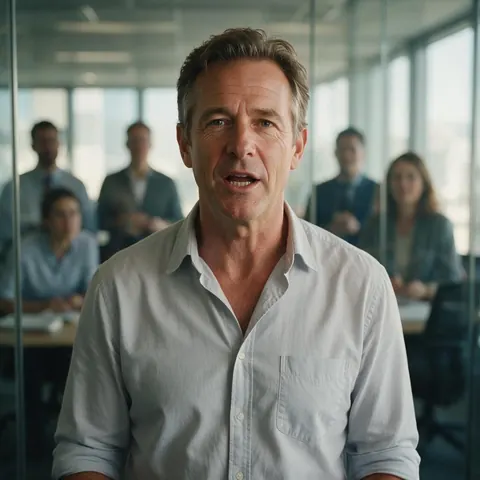 Man speaking to camera in a bright office