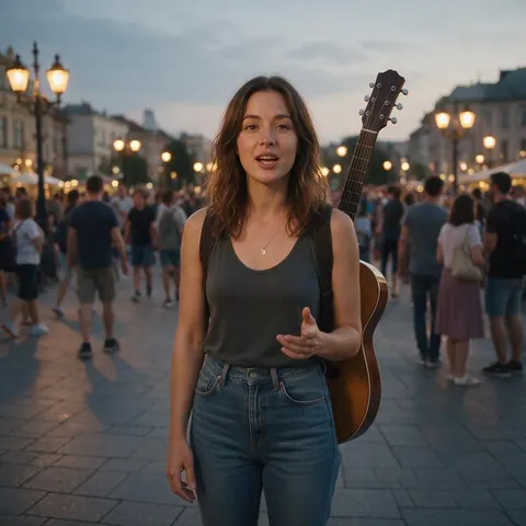Musician with a guitar talking to camera in a square