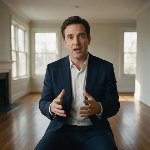 Estate agent talking to camera in an empty sunlit room