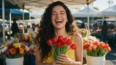 Photo of a laughing woman in a yellow sundress holding tulips at a flower market (before)