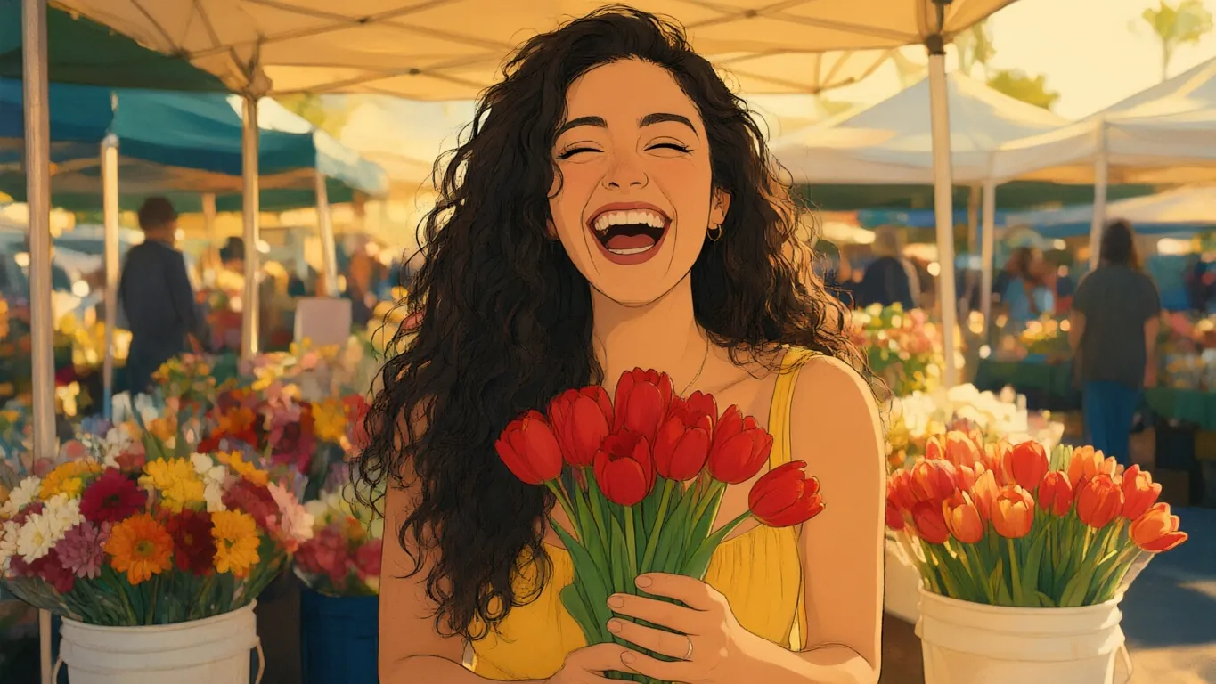Photo of a laughing woman in a yellow sundress holding tulips at a flower market (after)