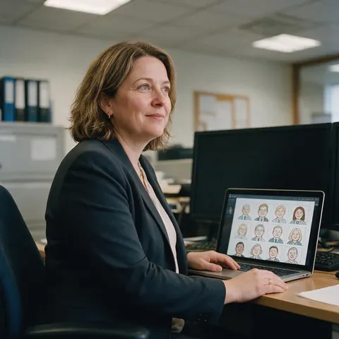 Laptop showing a grid of matching cartoon staff portraits