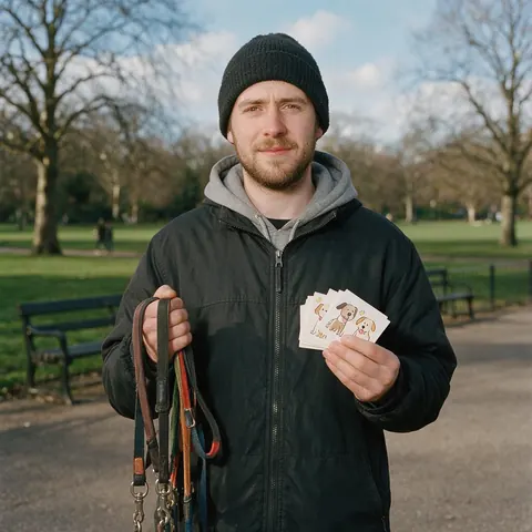 Dog walker holding leads and cards with cartoon dog drawings