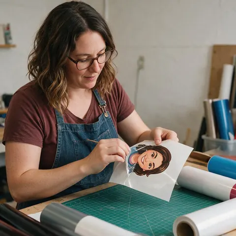Craft seller peeling a cartoon portrait sticker off its backing