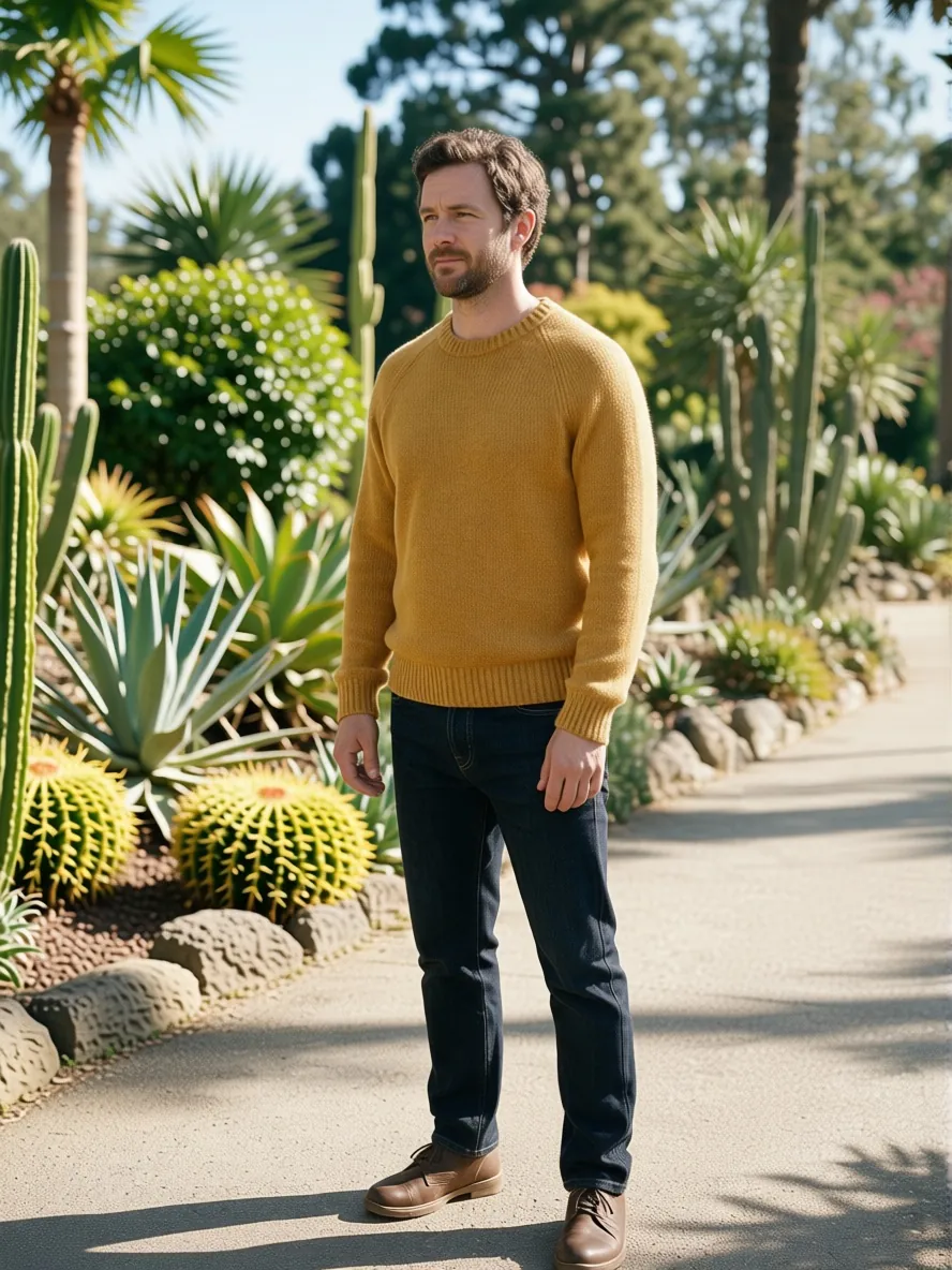 Front view photo of a man in a mustard sweater on a garden path (after)