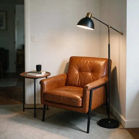 Three-quarter view of a reading corner with a leather armchair