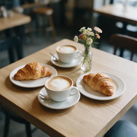 Bird's-eye view of a cafe table with cappuccinos and croissants