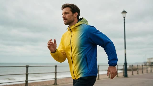 Looping clip of a man's yellow windbreaker turning cobalt blue as he walks