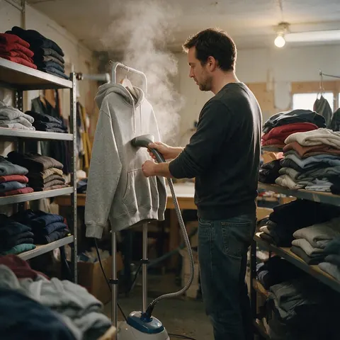 Shop owner steaming a hoodie in a small clothing workshop