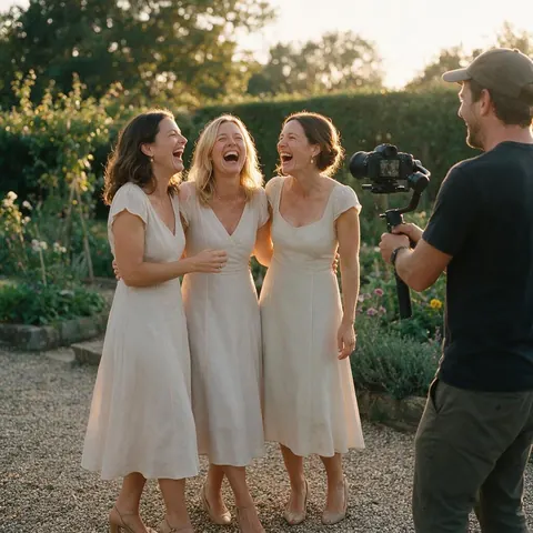 Bridesmaids in matching dresses filmed in a garden at golden hour
