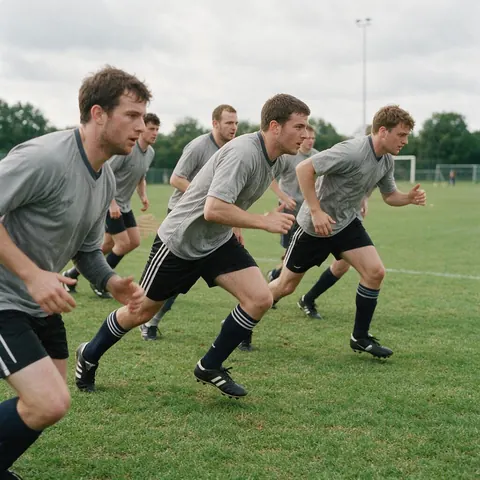 Football players in grey training jerseys running a drill