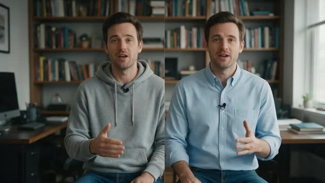 Looping clip of a man talking to camera as his hoodie turns into a button-down shirt