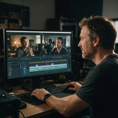 Video editor comparing two takes side by side on a wide monitor