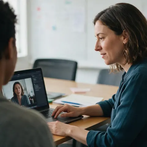 Communications manager reviewing a talking-head video with a colleague