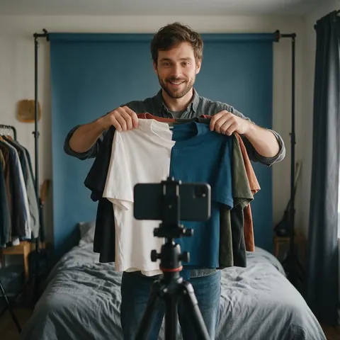 Creator holding up plain folded shirts in front of a phone on a tripod