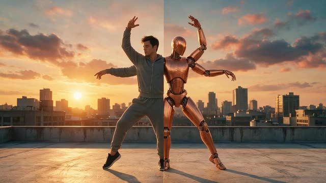 Looping clip of a rooftop dancer turning into a copper robot mid-move