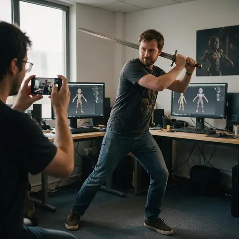 Developer acting out a pose while a colleague films in a game studio