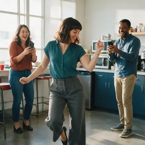 Marketer dancing in an office break room while colleagues film