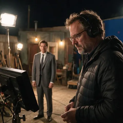 Director reviewing a monitor on a night film set with a stand-in