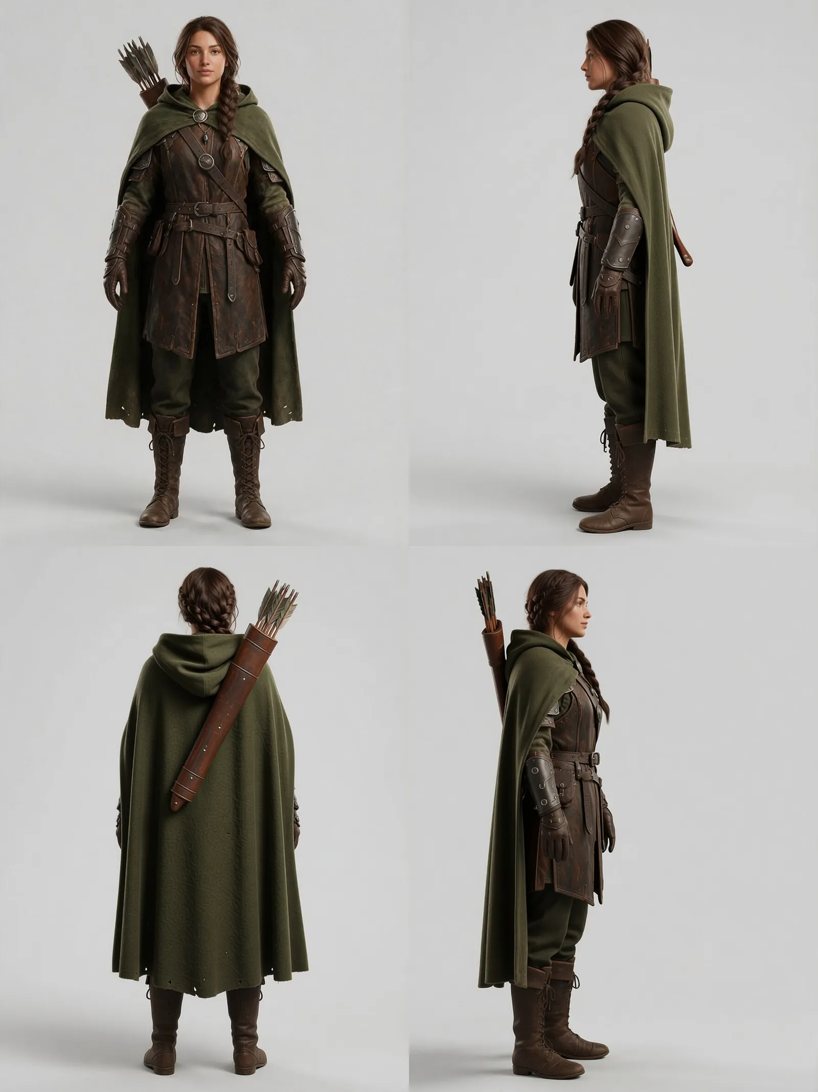 Front view of a fantasy ranger character in a green hooded cloak on a plain grey background (after)