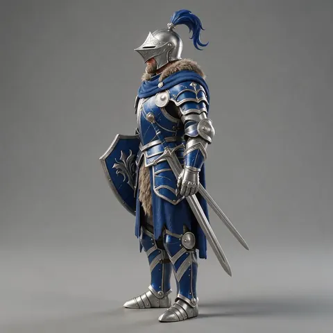 Side profile of a knight character in blue armour