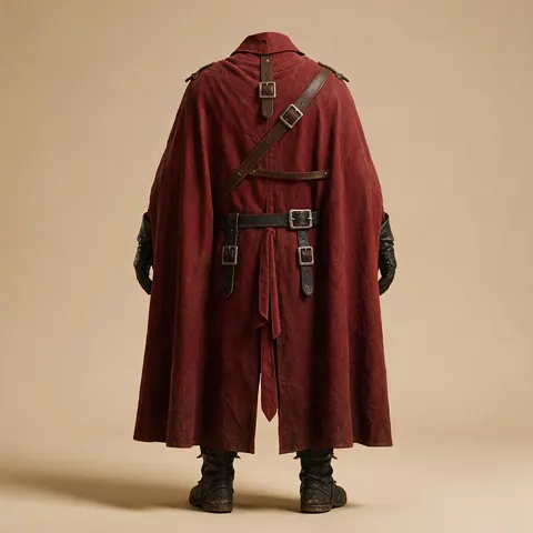 Back view of a character in a burgundy cape with straps