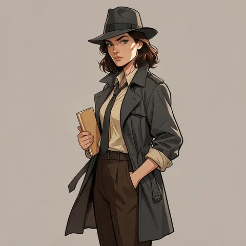 Three-quarter view of a detective character in a trench coat