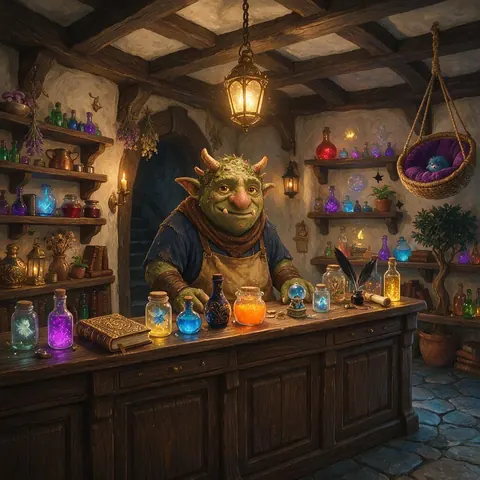 Game scene of a fantasy shop with potion shelves and an original troll shopkeeper