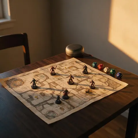 Game table with a dungeon map, miniatures, dice and a small speaker