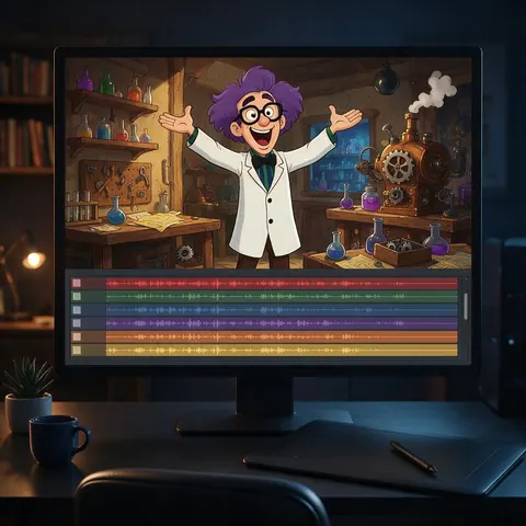 Animation software timeline with several dialogue tracks under a cartoon workshop scene