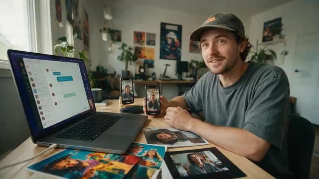 Looping clip: a creator getting finished media from a chat